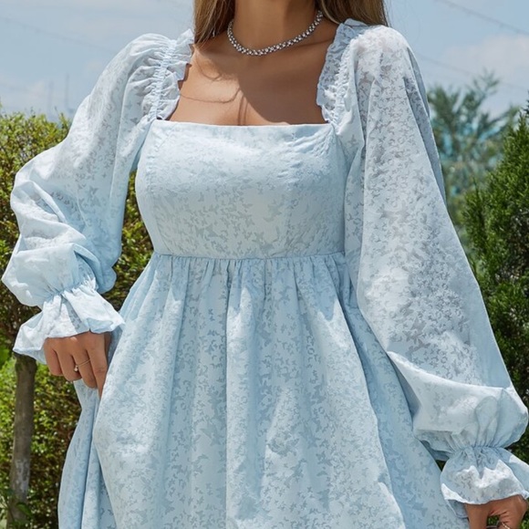 Light Blue Puff Sleeve Mini Dress - Picture 5 of 5